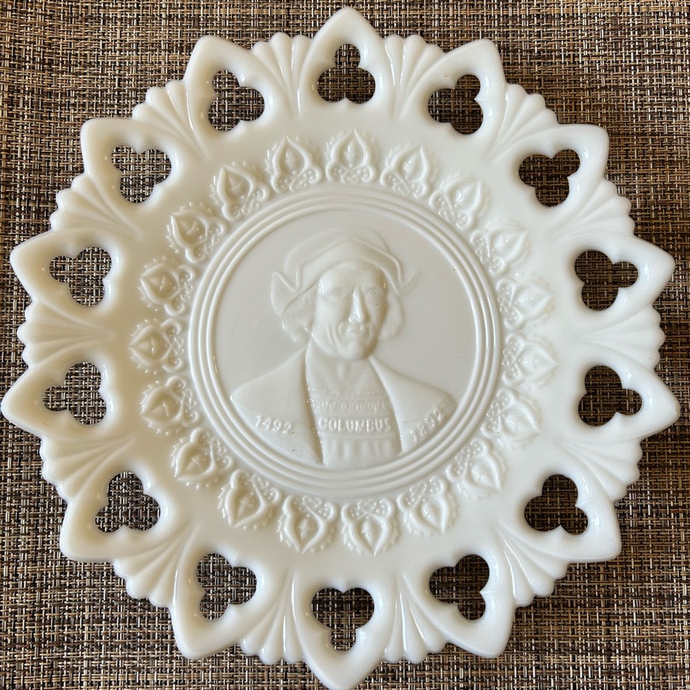 MILK GLASS Display Plate with Lacy Rim - Embossed Columbus